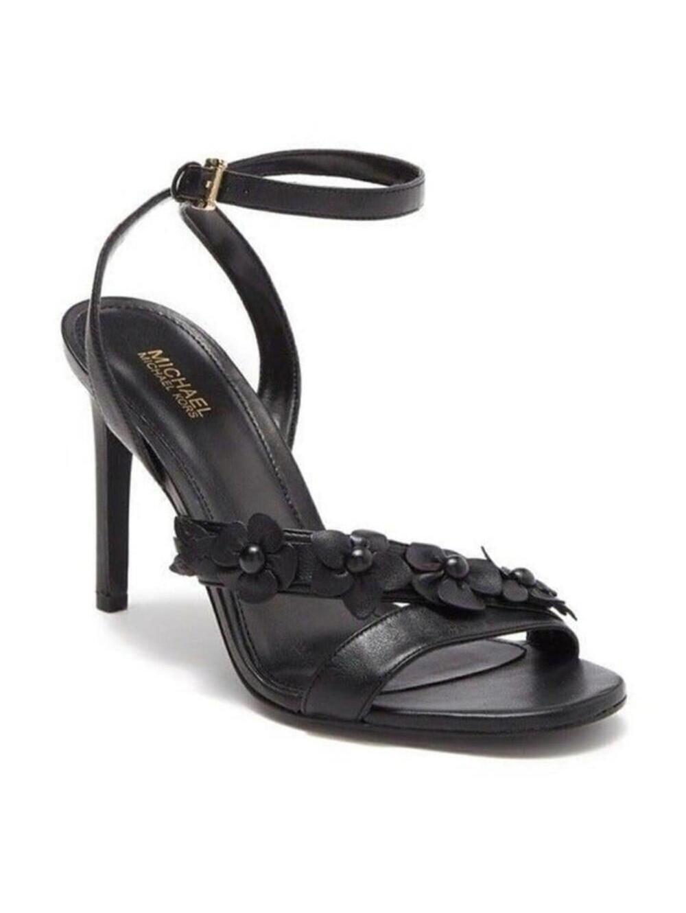Michael Kors Womens 8 Black Leather Heels Strappy Sandal Flowers NEW WITH BOX